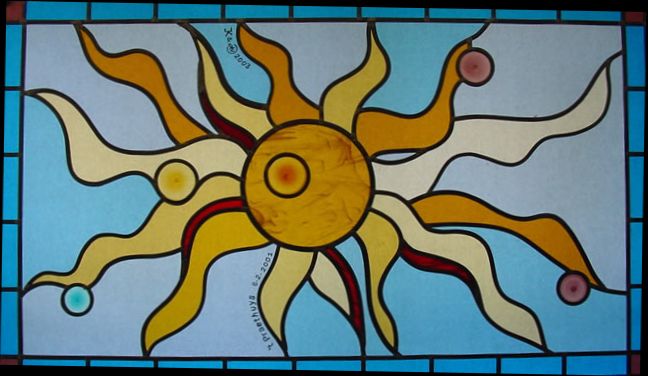 Liggend glas-in-lood met zon en butzen, i.s.m. Atelier Kole, Zeist.