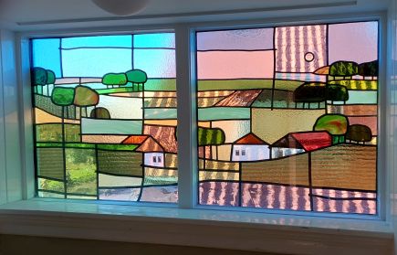 3e glas in lood raam met landschap, 2021