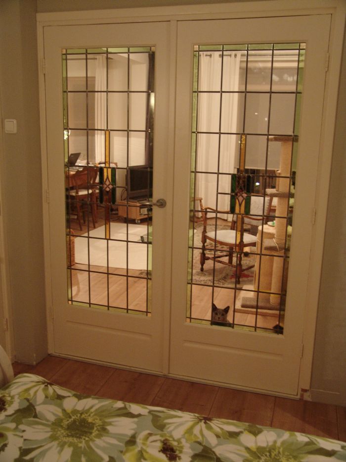 Glas in lood in binnendeuren, gekeurd door de huiskat